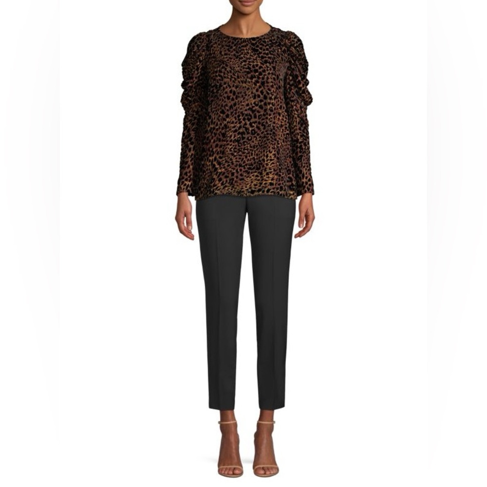 Elie Tahari Blouse Noelle Brown Leopard print Velvet puff Sleeves Size M - Picture 4 of 10